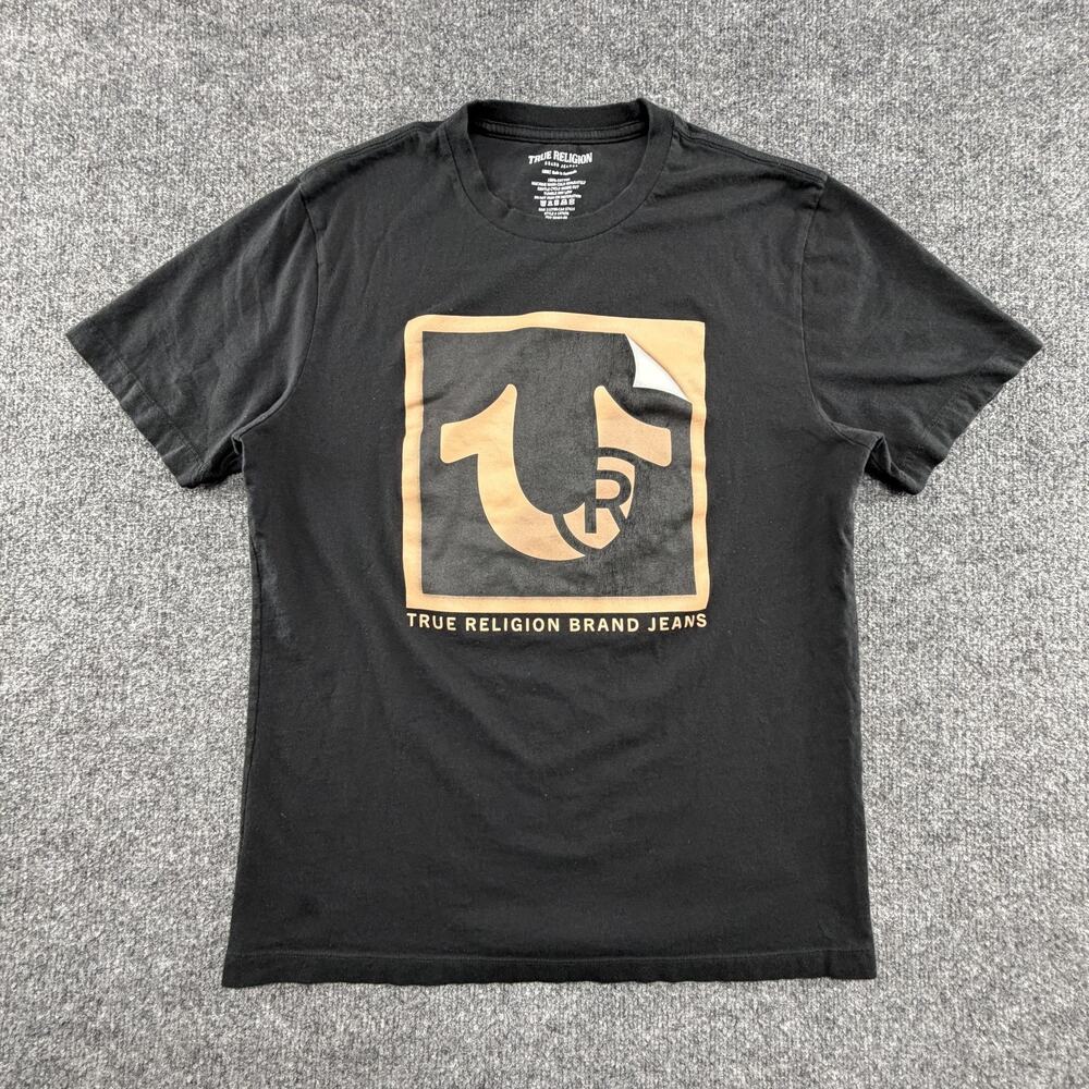 True Religion Brand Jeans Shirt Mens Large Black Logo Box Graphic Front Tee